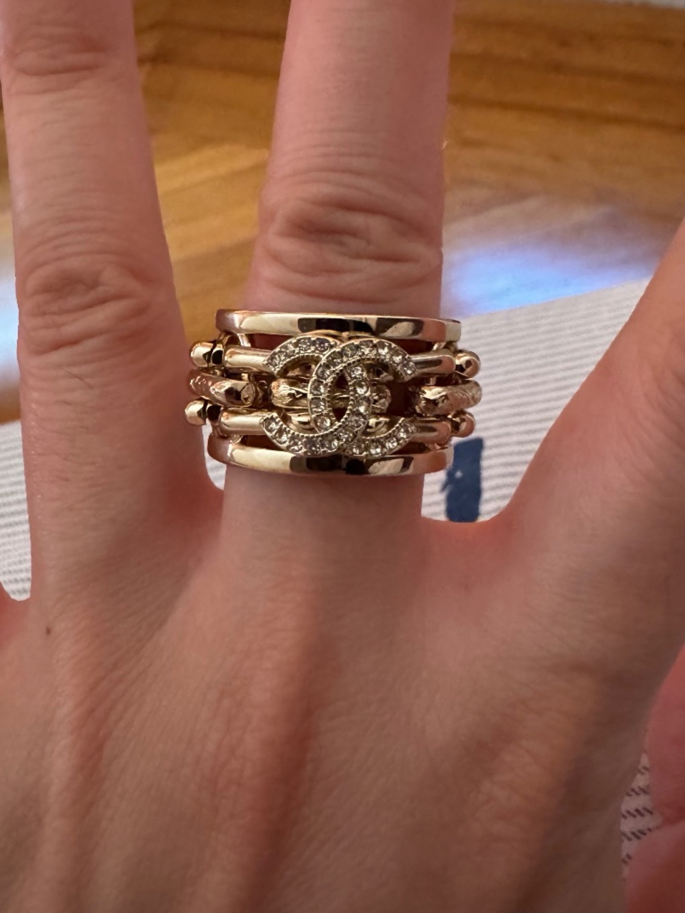 Super Rare New Classic Chanel CC Logo Crystal & 24K Gold Ring
